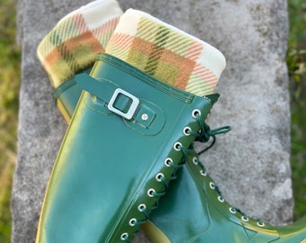 SLUGS Fleece Rain Boot Liners Ivory, Green, Rust Plaid Xtratuf Boot Sock, Socks, Inserts, Cold Weather Accessory, Fall Fashion, Tall Socks