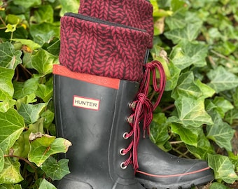 SLUGS Fleece Rain Boot Liners Black With Red Faux Cable Knit Cuff, Tall Socks, Xtratuf inserts, Tall Short Fleece Boot Socks, Christmas