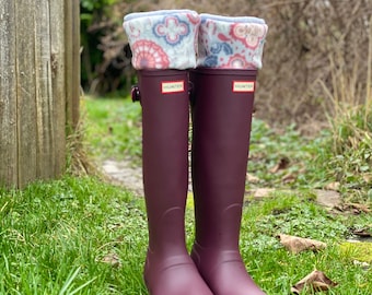 SLUGS Fleece Rain Boot Liners Grey Mauve Paisley, Winter Rainy Day Fashion, Wellington Boot Socks, Boot Cuffs, Boot Topper Cuff