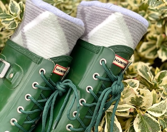 SLUGS Fleece Rain Boot Liners Gray with Sage Green Plaid, Tall Boot Socks, Boot Cuff, Warm Sock, Winter Snow Rainy Day Fashion, Gift Ideas