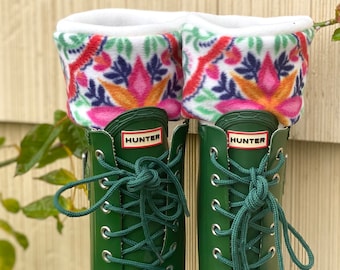 SLUGS Fleece Rain Boot Liners Bright & Colorful Floral Cuff,  Spring Summer Gardening Style, Christmas Gift, Gift For Her, Cozy Tall Socks