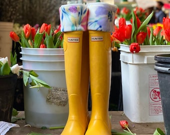 SLUGS Fleece Rain Boot Liners Ivory with a Watercolor Floral Cuff, Spring Fashion Accessory, Cozy Socks, Gift For Her, Wellington Toppers