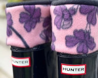 SLUGS Fleece Rain Boot Liners Black With A Blush Purple Floral Pattern, Boot Cuff, Tall Socks, Xtratuf inserts, Fleece Socks, Outdoor Gift