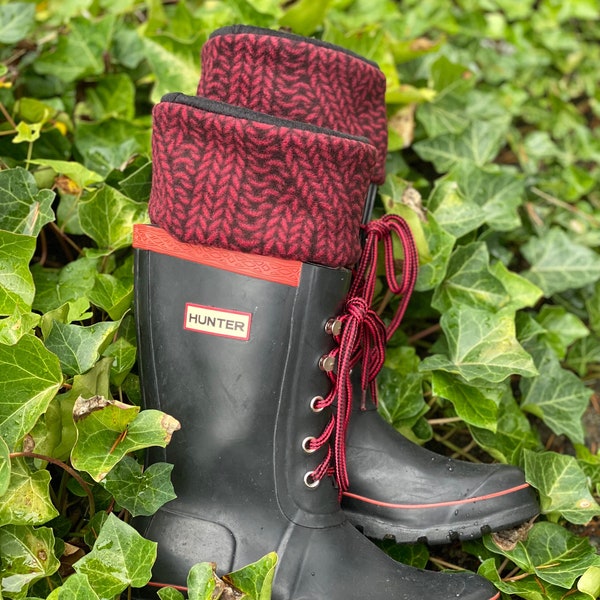 SLUGS Fleece Rain Boot Liners Black With Red Faux Cable Knit Cuff, Tall Socks, Xtratuf inserts, Tall Short Fleece Boot Socks, Christmas