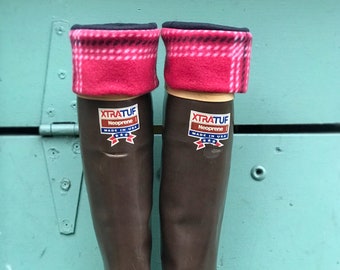 SLUGS Fleece Rain Boot Liners Large Red Plaid Boot Sock, Boot Insert, Fleece Sock, Tall Socks, Xtratuf Socks, Warm Cozy Socks Slippers