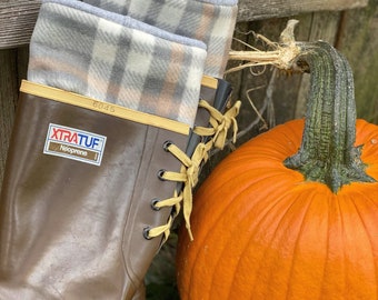 SLUGS Fleece Rain Boot Liners Gray, White & Tan Plaid, Boot Sock, Boot Insert, Fleece Tall Cozy Boot Sock, Xtratuf, Gift For Her Mothers Day