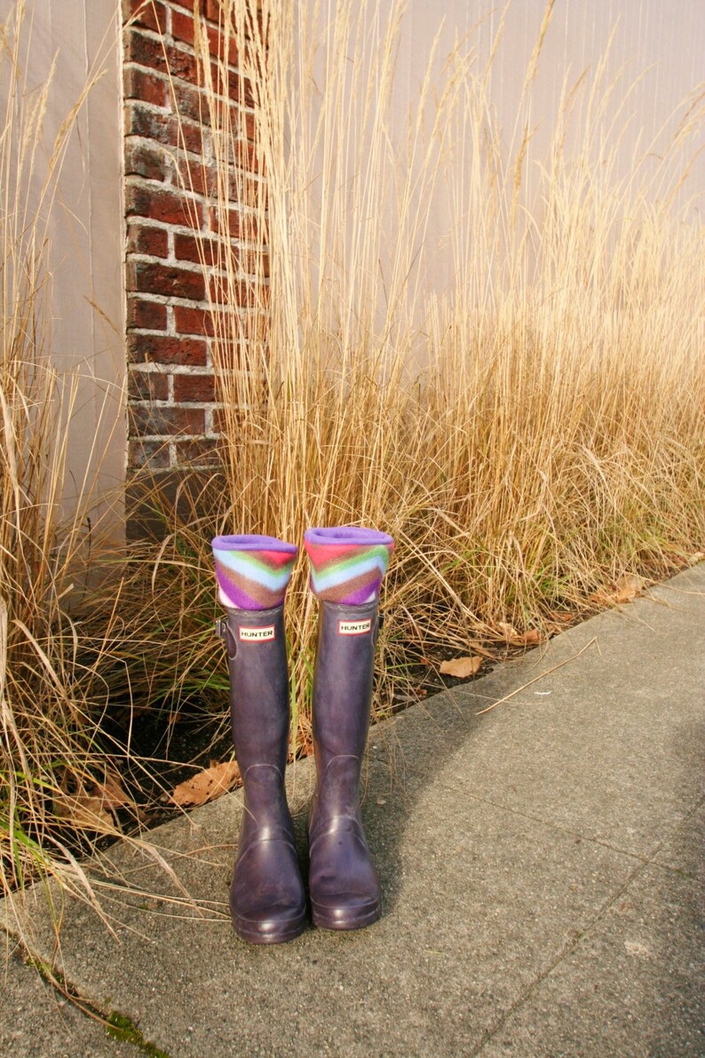 SLUGS Fleece Rain Boot Liners Purple with a Retro Geometric Chevron Cuff, Fall Winter Rainy Day Style, Tall Boot Socks, Gift For Her image 1