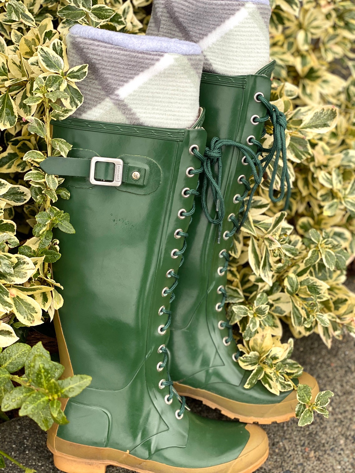 SLUGS Fleece Rain Boot Liners Gray With Sage Green Plaid Tall Etsy