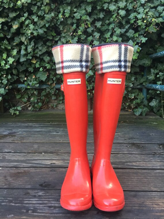 red plaid rain boots