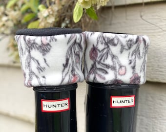 SLUGS Fleece Rain Boot Liners Black with Blush Flower Bud Cuff, Tall Boot Sock, Cozy Sock, Boot Cuff, Winter Wellie Warmer, WithTheRain