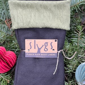 SLUGS Fleece Rain Boot Liners Solid Olive Green Sweater Knit Cuff, Tall Warm Cozy Sock, Winter Layer Accessory, Boot Insert, Boot Topper image 4