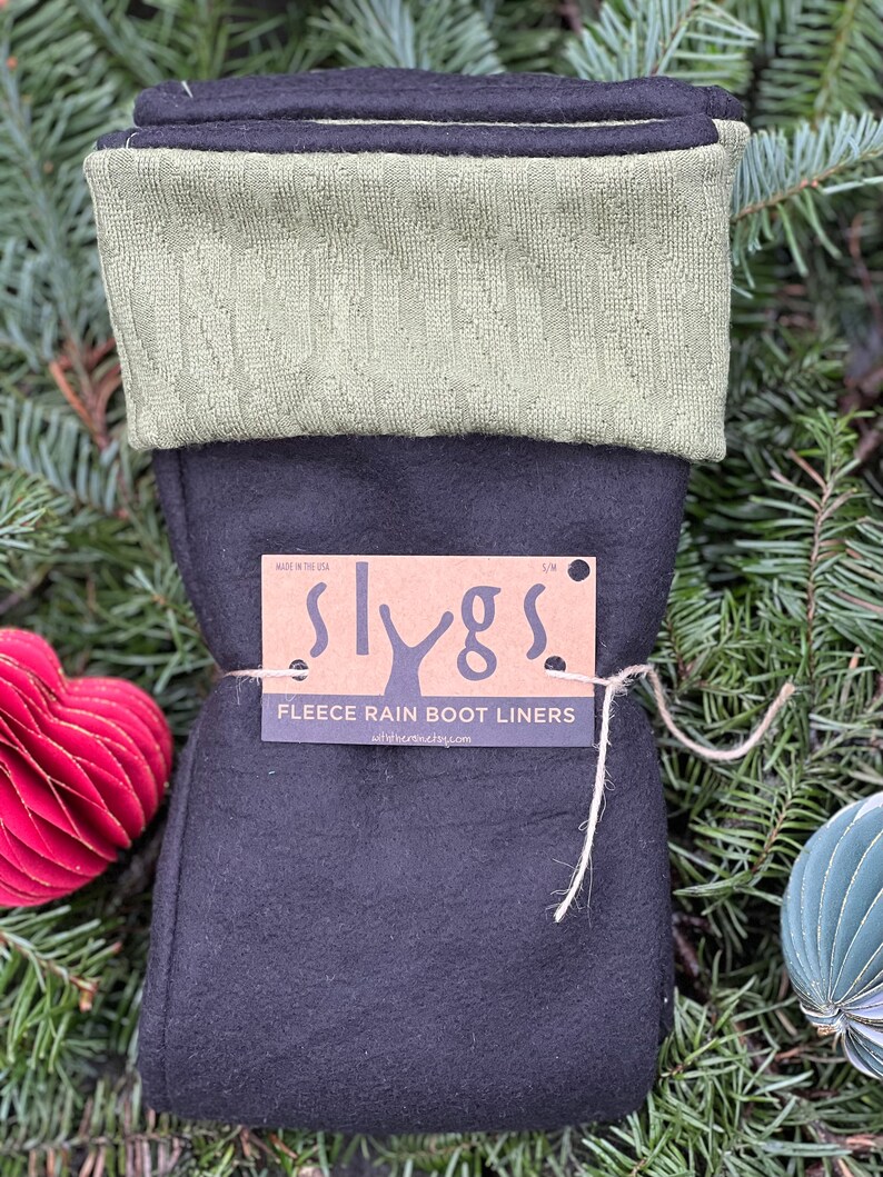 SLUGS Fleece Rain Boot Liners Solid Olive Green Sweater Knit Cuff, Tall Warm Cozy Sock, Winter Layer Accessory, Boot Insert, Boot Topper image 4