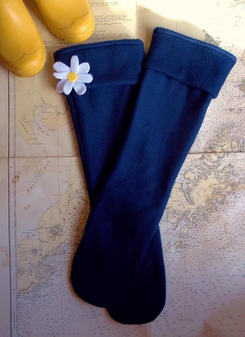 SLUGS Fleece Rain Boot Liners Solid Navy with Daisy on the Cuff, Mothers Day Gift, Boot Cuff, Fleece Tall Socks, Warm & Cozy Socks image 2