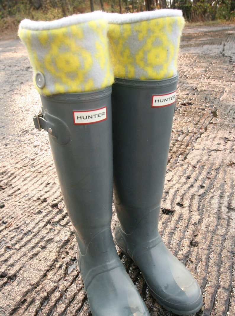 SLUGS Fleece Rain Boot Liners Grey With Neon Tribal Cuff, Fall Winter Fashion, Wellington Boot Socks, Boot Cuffs, Boot Topper, Cozy Socks image 1