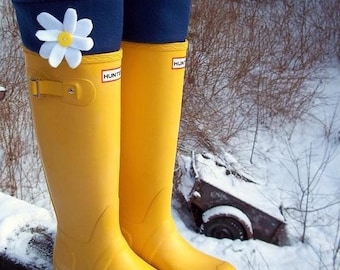 SLUGS Fleece Rain Boot Liners Solid Navy with Daisy on the Cuff, Mother’s Day Gift, Boot Cuff, Fleece Tall Socks, Warm & Cozy Socks