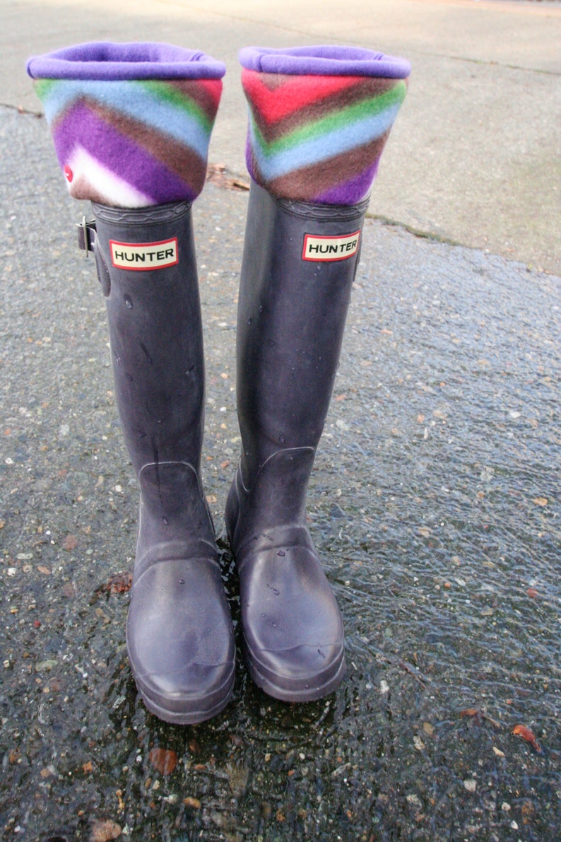 SLUGS Fleece Rain Boot Liners Purple with a Retro Geometric Chevron Cuff, Fall Winter Rainy Day Style, Tall Boot Socks, Gift For Her image 5