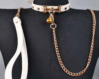 White Leather O Ring Choker with Bell, Adjustable Chain Collar Necklace, Gift for Her