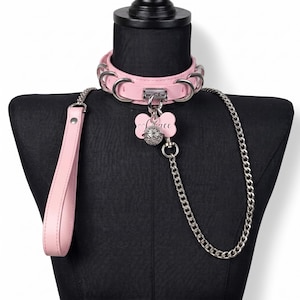 May include: A light pink leather collar featuring silver-toned metal rings and a matching leash. A bone-shaped pink tag with the engraved name Grace and a small silver bell are attached to the center ring, connected to a silver metal chain.