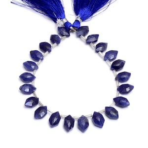 May include: A strand of faceted, deep blue gemstones, strung together with silver-colored spacers. The gemstones are teardrop-shaped. The strand is topped with two tassels of dark blue thread. The background is white.