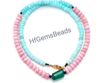 Pink Peruvian Opal Necklace, Rondelle Bead Crystal Jewelry