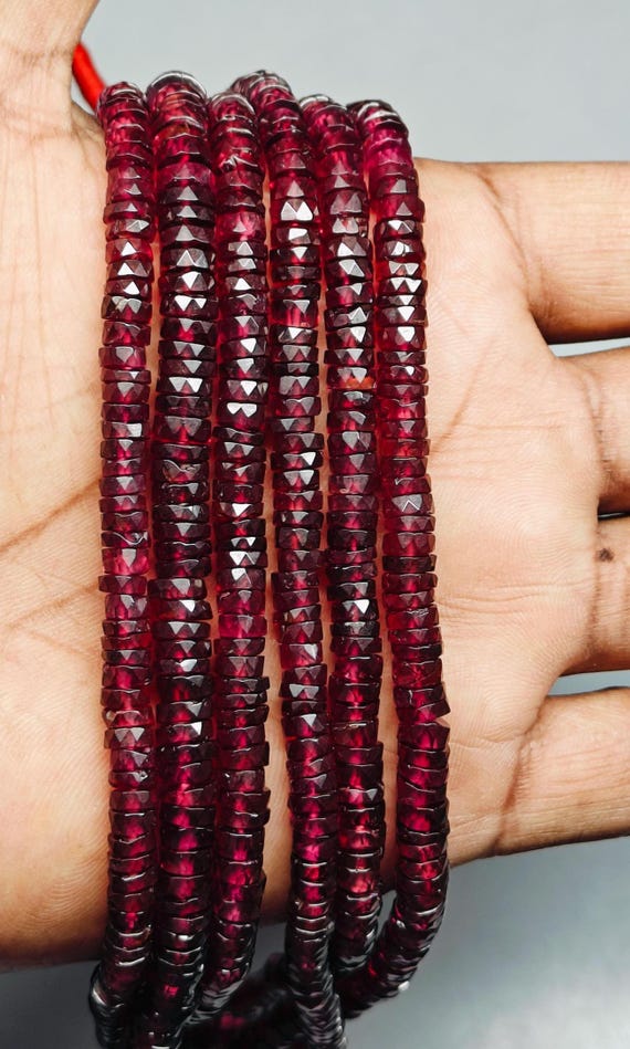 Faceted Garnet Heishi Beads, Natural Red Gemstone, Jewelry Making