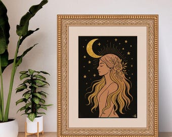 Moon Goddess Portrait Print | Celestial Woman, Boho Astrology (Digital Download)