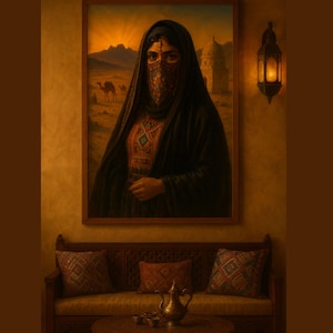 Puede incluir: Pintura al óleo de una mujer con vestimenta tradicional de Oriente Medio, que incluye un velo facial y un tocado negro. La pintura cuelga de una pared sobre un sofá de madera con cojines estampados. Una lámpara decorativa cuelga a la derecha.