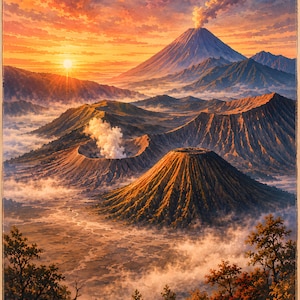 Può includere: Un dipinto paesaggistico di una regione vulcanica all'alba. Diverse montagne coniche si ergono da una valle nebbiosa, con una cima che emette fumo. Il cielo è pieno di nuvole arancioni, viola e gialle, e alberi sono visibili in primo piano.