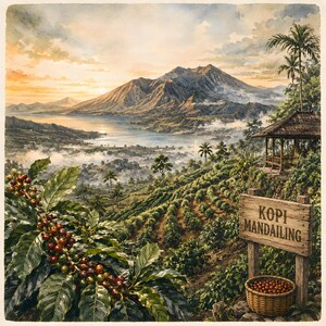 May include: A watercolor painting of a coffee plantation with red and green coffee cherries on a branch in the foreground. A wooden sign reads KOPI MANDAILING next to a basket of coffee cherries, overlooking a valley, lake, and mountains.