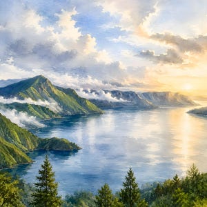 以下が含まれることがあります： 明るい空の下、緑の山々に囲まれた広大な青い湖を描いた水彩画。白い雲が山腹にかかり、地平線に沈む太陽が水面と空を黄金色に照らしている様子が表現されています。