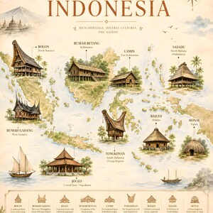 May include: A decorative map titled Traditional Houses of Indonesia featuring watercolor illustrations of various regional dwellings like the Bolon, Rumah Gadang, and Tongkonan. The print includes a compass rose, text labels for each structure, and a bottom legend.
