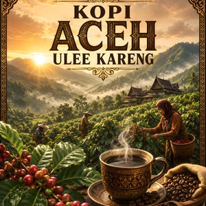 Könnte beinhalten: Eine Tasse dampfender schwarzer Kaffee auf einer Untertasse mit Kaffeebohnen, neben einem Zweig mit roten Kaffeekirschen. Der Hintergrund zeigt eine Berglandschaft mit Arbeitern auf einer Kaffeeplantage und den Text KOPI ACEH ULEE KARENG.