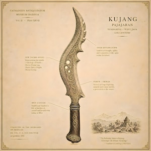 May include: A detailed illustration of a Kujang blade from West Java, featuring a curved, ornate metal body with three circular holes, intricate engravings, and a dark wooden hilt. The print includes descriptive text labels and a landscape sketch.