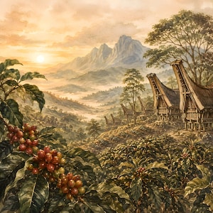 Op de afbeelding: Een aquarel van een koffieplantage met rode koffiebessen aan groene takken op de voorgrond. Op de achtergrond staan traditionele huizen met gebogen, puntige daken op een heuvel die uitkijkt over een mistig bergdal bij zonsondergang.