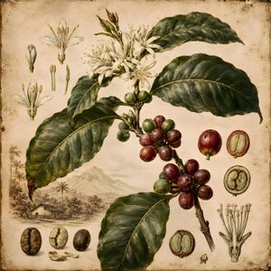 May include: A botanical illustration of a coffee plant featuring dark green leaves, white blossoms, and clusters of red and green coffee cherries. The print includes detailed cross-sections of coffee beans and a small landscape scene of a mountain.