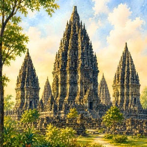 Op de afbeelding: Een aquarel van het Prambanan-tempelcomplex met hoge, grijze stenen torens met gedetailleerd houtsnijwerk. De bouwwerken staan tegen een zachte gele en blauwe lucht met groene bomen en struiken op de voorgrond.