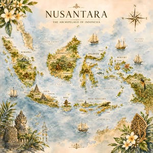 May include: A watercolour map of the Indonesian archipelago, labelled "Nusantara." The map shows detailed illustrations of islands, ships, and landmarks, with text labels for regions and seas. Decorative floral elements and a compass rose frame the map.