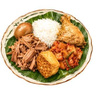 May include: A plate of Indonesian Gudeg featuring a mound of white rice, shredded jackfruit, a whole braised brown egg, a piece of fried tempeh, a chicken drumstick in sauce, and spicy diced vegetables with green chili peppers on a banana leaf.