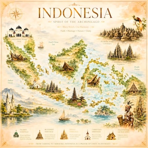 Könnte beinhalten: Eine dekorative Landkarte von Indonesien mit dem Titel "Indonesia: Spirit of the Archipelago", die Wahrzeichen wie den Borobudur-Tempel, die Baiturrahman-Moschee und traditionelle Häuser sowie Beschriftungen für Inseln und Kulturerbe zeigt.