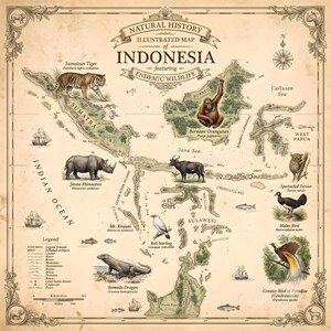May include: A vintage-style illustrated map of Indonesia on a cream background, featuring endemic wildlife like a Sumatran tiger, Bornean orangutan, Javan rhinoceros, and Komodo dragon. The map includes a compass rose, legend, and sailing ships.