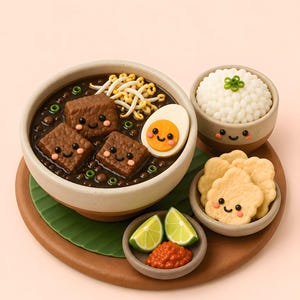 May include: A miniature clay set featuring a bowl of dark brown stew with three smiling tofu cubes, bean sprouts, and a halved egg. Includes a small bowl of white rice, a side of light yellow crackers, and a dish with two lime wedges and red chili paste.