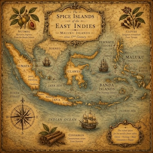 May include: An antique map of the Spice Islands of the East Indies, circa 17th century, with detailed illustrations of nutmeg, cloves, and cinnamon. The map features sailing ships, a compass rose, and text labels for islands and spice routes.