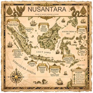May include: A vintage-style map titled NUSANTARA REALMS OF ANCIENT KINGDOMS & SULTANS, featuring detailed illustrations of islands, sailing ships, a compass rose, and a legend. The map displays historical regions like Sumatra, Borneo, and Java.