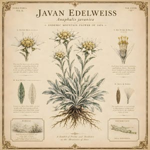 Impressão de Edelweiss de Java, Arte Botânica de Parede com Flores da Montanha, Download Digital Vintage