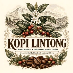 Può includere: Un'illustrazione dettagliata di una pianta di caffè con fiori bianchi e bacche rosse, centrata sopra il testo KOPI LINTONG, North Sumatra, Indonesian Arabica Coffee, Grown in the Highlands of Lintong Nihuta, con chicchi di caffè tostati alla base.