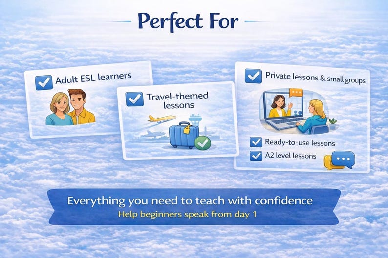 May include: An image with the text "Perfect For" above three illustrated cards. The cards show "Adult ESL learners", "Travel-themed lessons", and "Private lessons & small groups". The image also includes the text "Everything you need to teach with confidence" and "Help beginners speak from day 1".