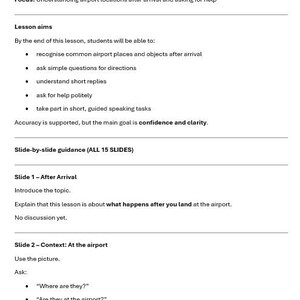May include: A white document with black text detailing an English lesson plan. The lesson focuses on airport locations and asking for help. Includes lesson aims, slide-by-slide guidance, and example questions.