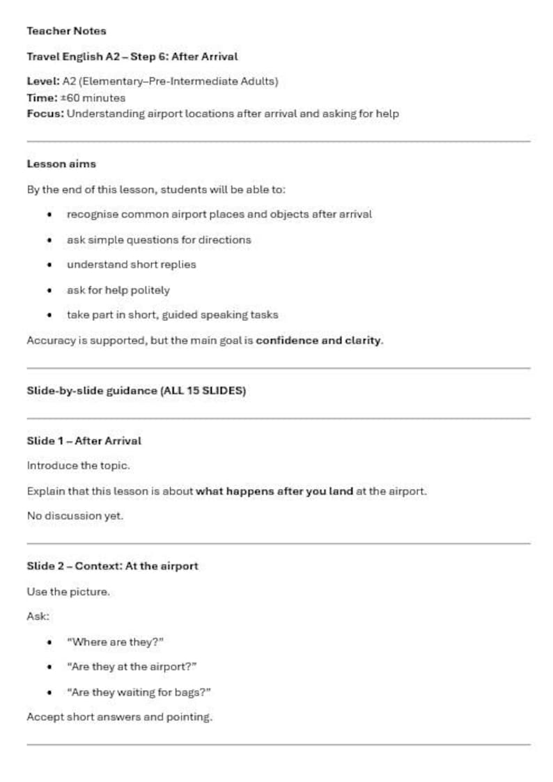May include: A white document with black text detailing an English lesson plan. The lesson focuses on airport locations and asking for help. Includes lesson aims, slide-by-slide guidance, and example questions.