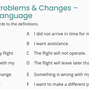 May include: A white graphic with the text "Travel Problems & Changes - Useful Language." The text provides definitions for travel-related terms such as "delayed," "cancelled," and "missed my flight."