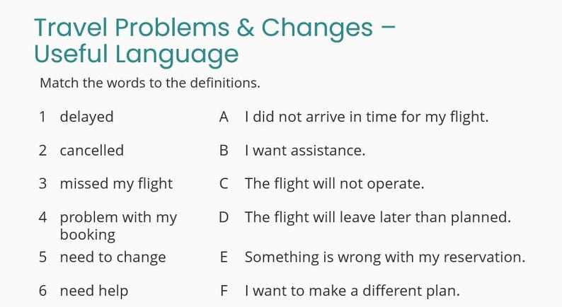 May include: A white graphic with the text "Travel Problems & Changes - Useful Language." The text provides definitions for travel-related terms such as "delayed," "cancelled," and "missed my flight."